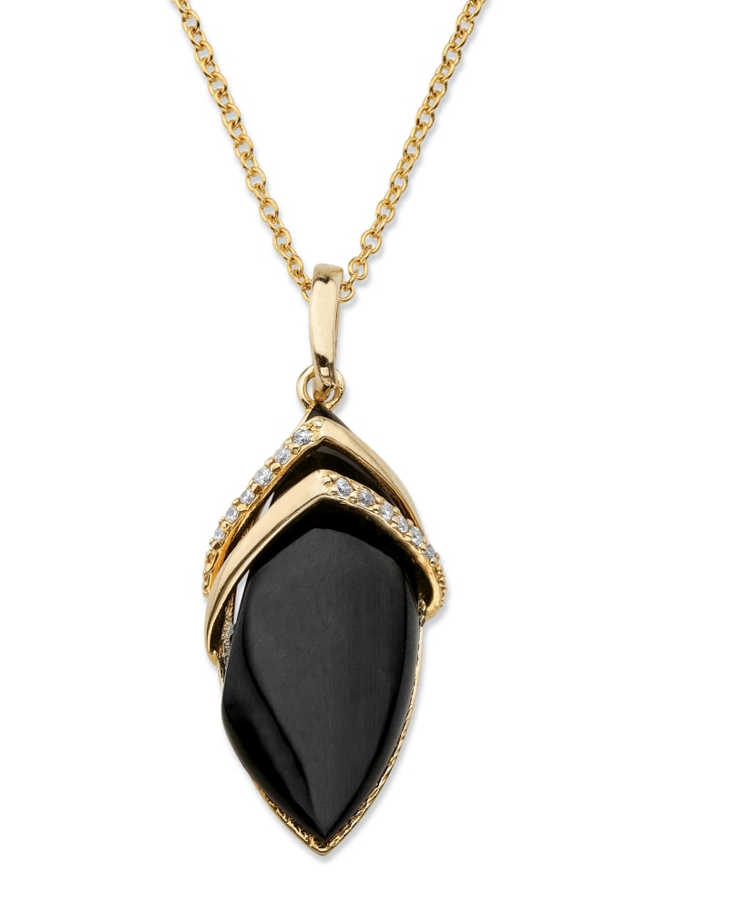Front of a size One Size .15 TCW Marquise-Shaped Genuine Onyx and CZ Pendant Necklace 18k Gold-Plated 18" in Black by PalmBeach Jewelry. | dia_product_style_image_id:286252